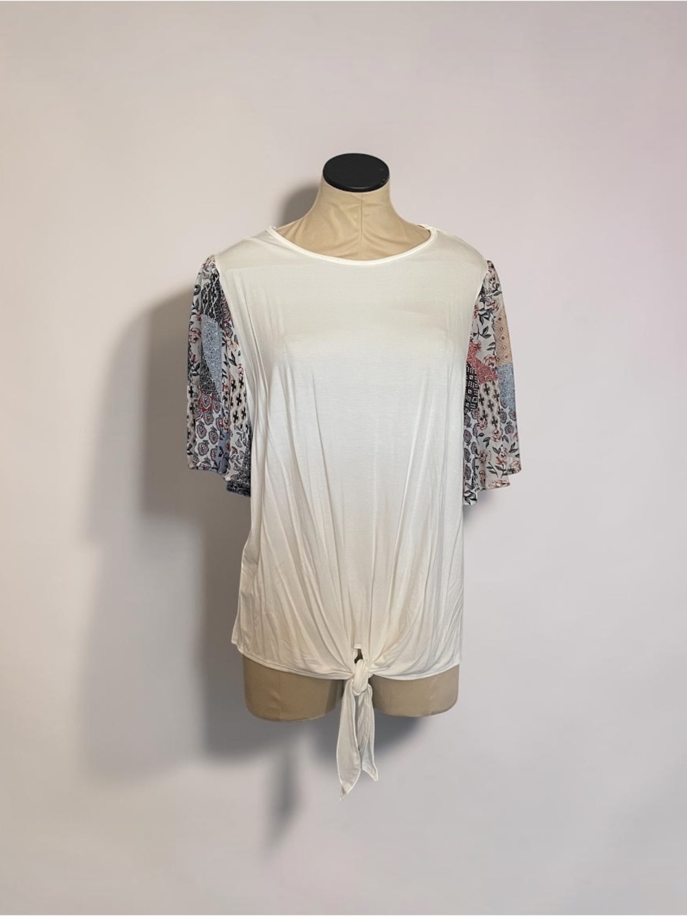 Women's White Tie-Front Short Sleeve Top with Floral Print Sleeves